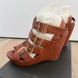 Cynthia Vincent Tan Leather Platform Wedge sandals- size 9